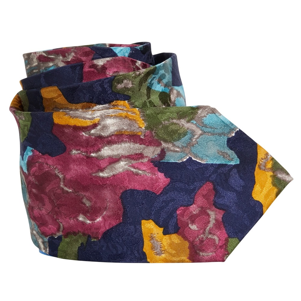 Krizia Uomo Mens 100% Silk Necktie Italy Designer Navy Blue Abstract‎ Floral EUC